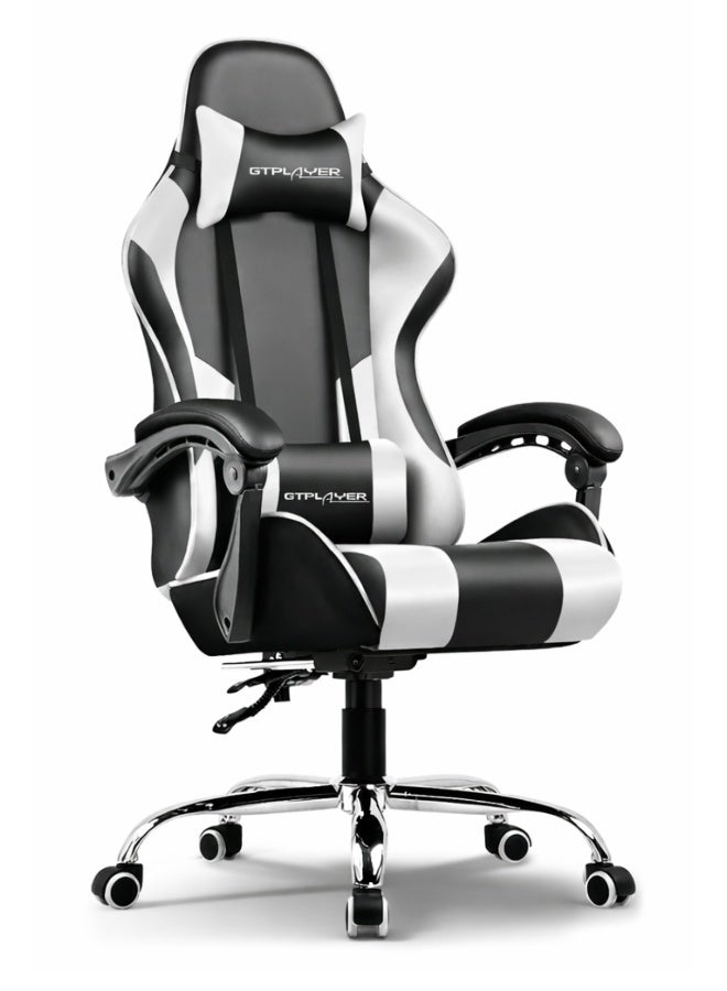 GTPLAYER #1USA Ergonomic Gaming Chair with Adjustable Lumbar Support Cushion, Headrest & Armrests – PU Leather Computer Video Game Desk Chair for Gaming & Office - White white