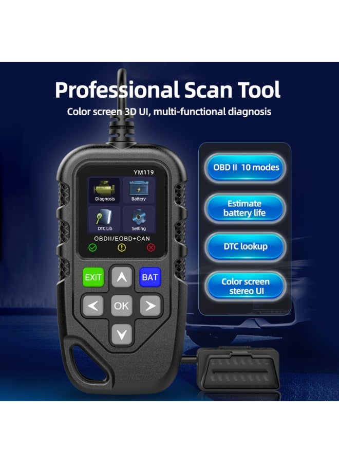 OBD-II OBD II Scanner, Car Engine Fault Code Reader Battery Tester CAN Diagnostic Scan Tool for 12V Gasoline Vehicles, Black - Image 2