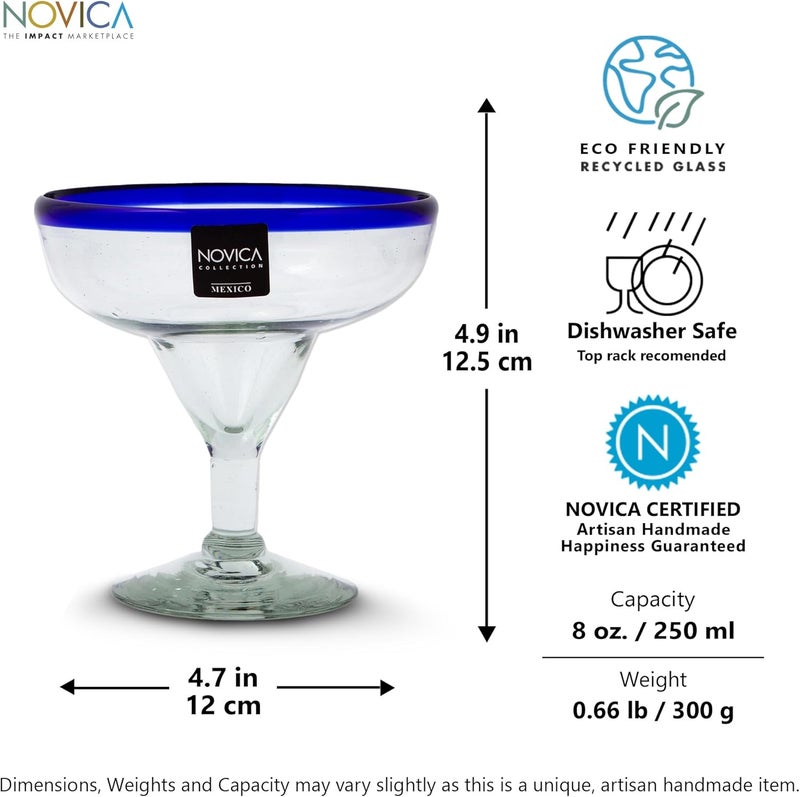 NOVICA Hand Blown Clear Blue Rim Recycled Glass Margarita Glasses, 8 Oz 'Happy Hour' Set of 4 - Image 4