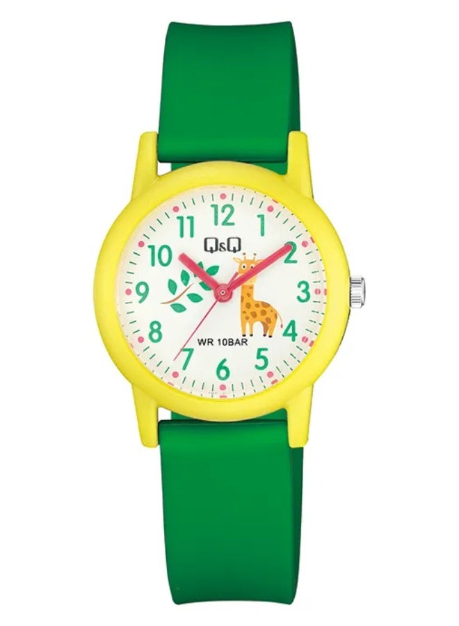 Q&Q Kids Unisex Analog Quartz Watch V23A-010VY with Green Strap, Yellow Case, and Giraffe Dial - Image 1