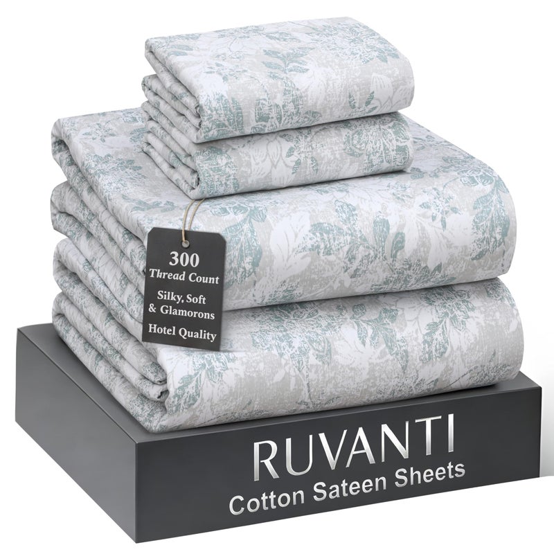 RUVANTI 100% Cotton Sheets Queen Size Bed Set - 300 Thread Count Silky Soft Sateen Weave, Cooling, Lightweight & Breathable, 16" Deep Pocket, Durable & Luxury Satin-Like, 4 Piece, Floral Imprint - Image 1
