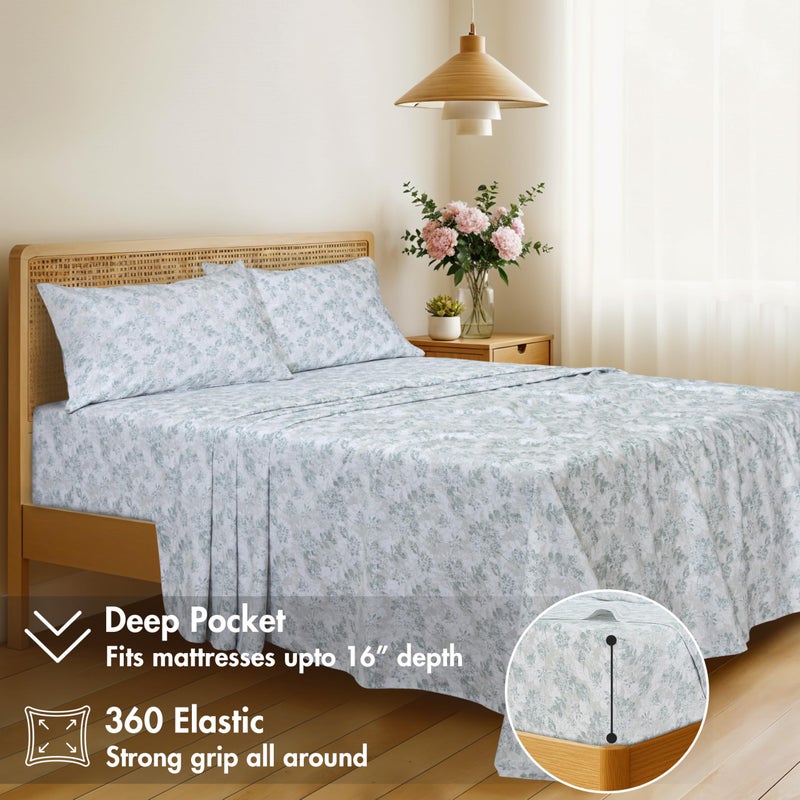 RUVANTI 100% Cotton Sheets Queen Size Bed Set - 300 Thread Count Silky Soft Sateen Weave, Cooling, Lightweight & Breathable, 16" Deep Pocket, Durable & Luxury Satin-Like, 4 Piece, Floral Imprint - Image 2