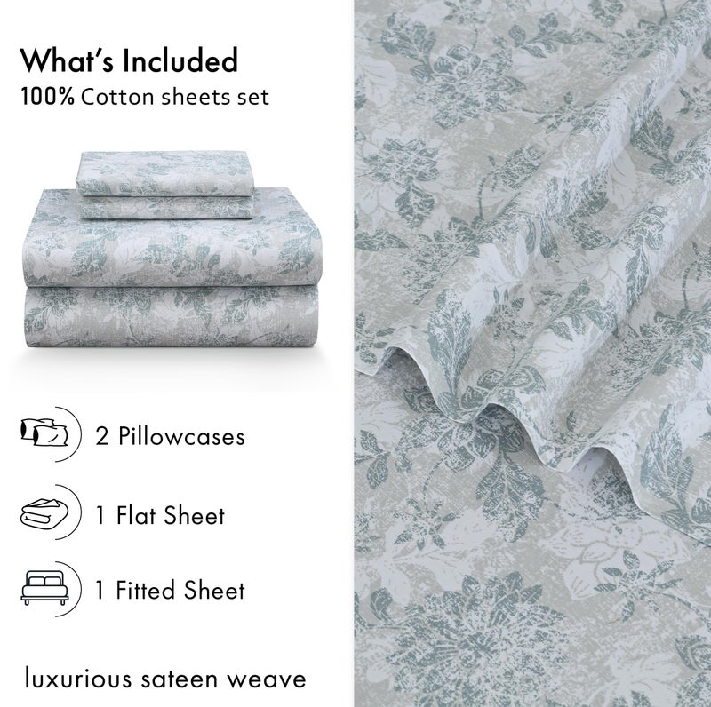 RUVANTI 100% Cotton Sheets Queen Size Bed Set - 300 Thread Count Silky Soft Sateen Weave, Cooling, Lightweight & Breathable, 16" Deep Pocket, Durable & Luxury Satin-Like, 4 Piece, Floral Imprint - Image 4