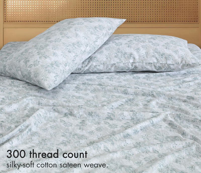 RUVANTI 100% Cotton Sheets Queen Size Bed Set - 300 Thread Count Silky Soft Sateen Weave, Cooling, Lightweight & Breathable, 16" Deep Pocket, Durable & Luxury Satin-Like, 4 Piece, Floral Imprint - Image 3