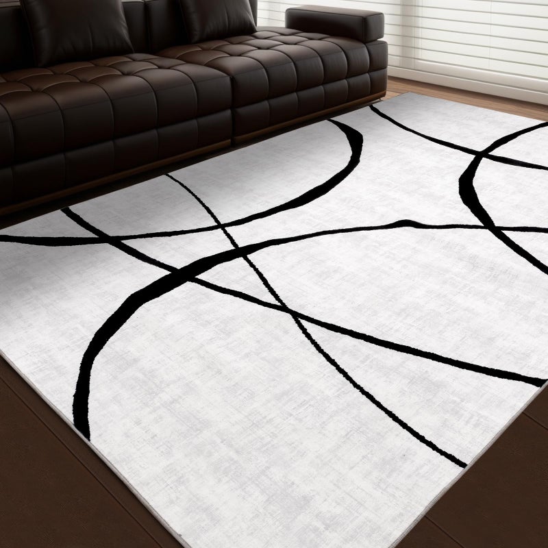 YIHOUSE 6'x9' Black and White Rug- Washable Area Rug for Living Room Bedroom, Large Modern Non-Slip Ultra-Thin Rug Home Decor,Curve,6x9ft - Image 1