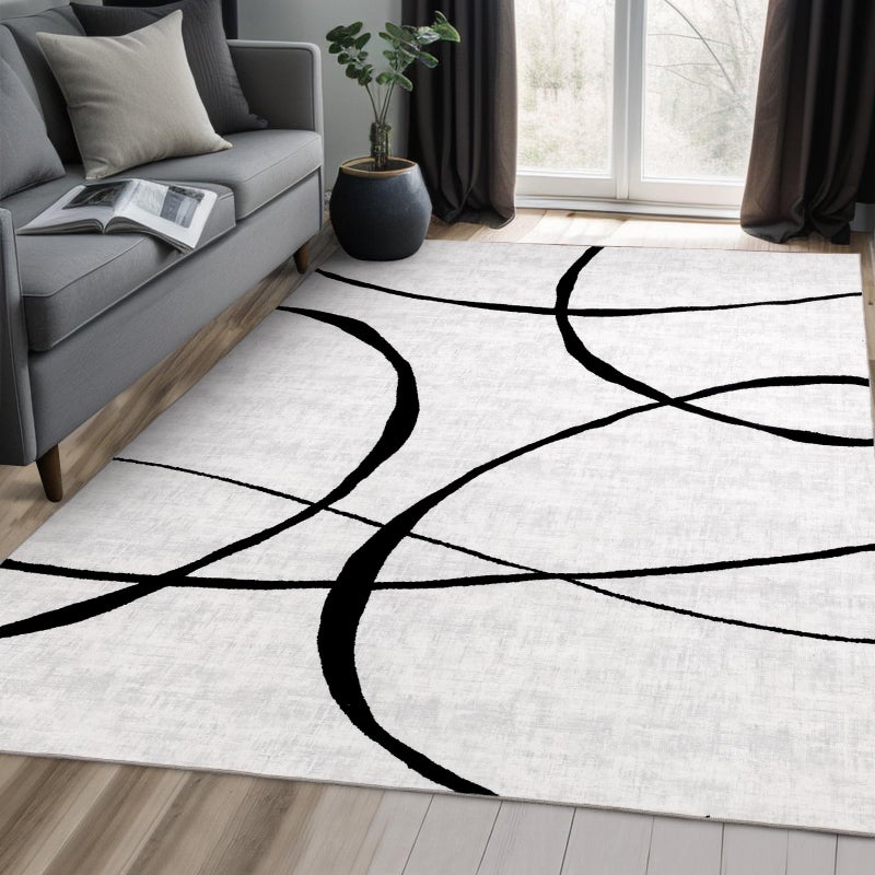 YIHOUSE 6'x9' Black and White Rug- Washable Area Rug for Living Room Bedroom, Large Modern Non-Slip Ultra-Thin Rug Home Decor,Curve,6x9ft - Image 2