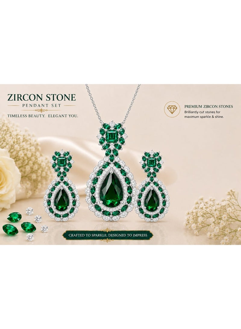 Zircon Stone Pendant Set for Women, Green Stone Necklace & Matching Earrings