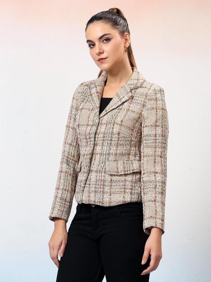 KOTTY Women's Checkered Full Sleeve Multicolor_85 Single Breasted Blazer (Multicolor,XS)-KTTFKWOMENSBLAZER85 - Image 3