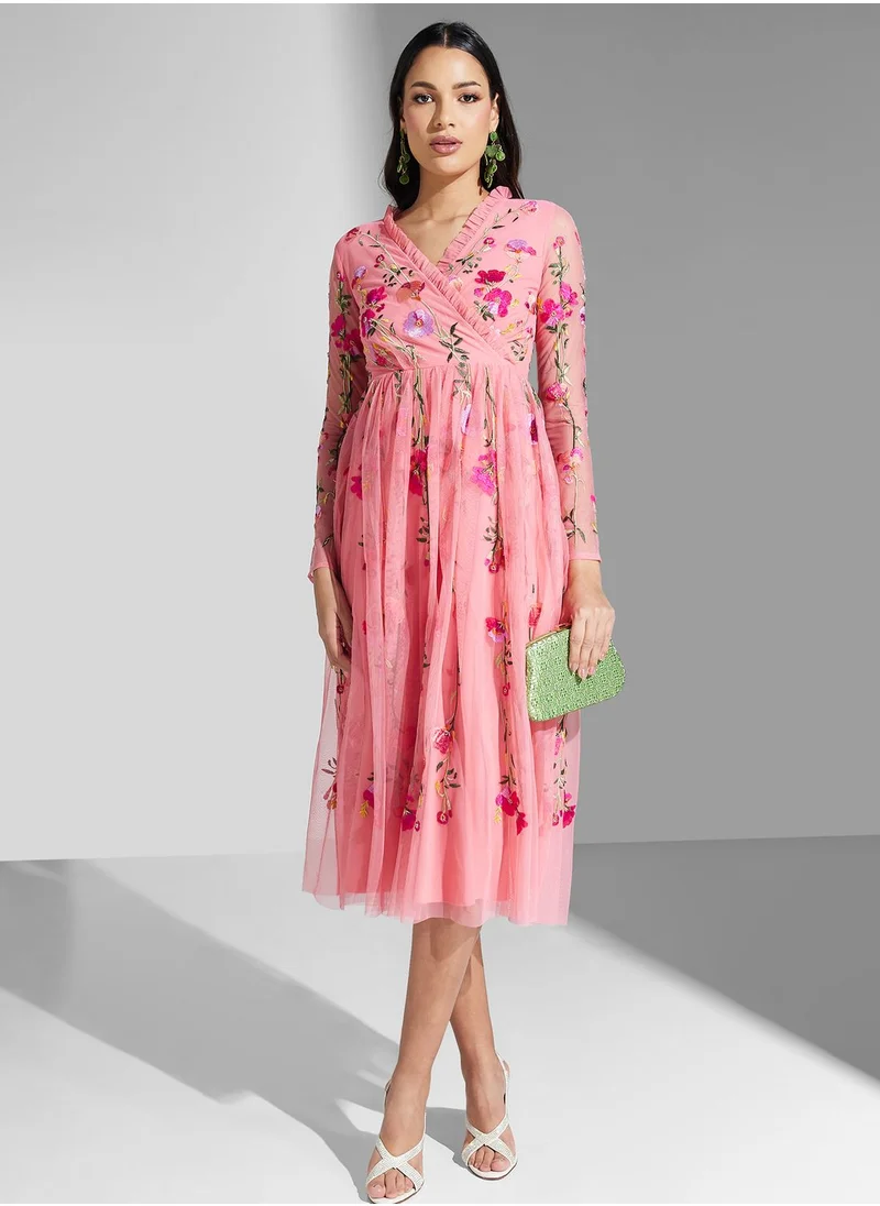 Frock and Frill Floral Embroidered Long Sleeve Dress