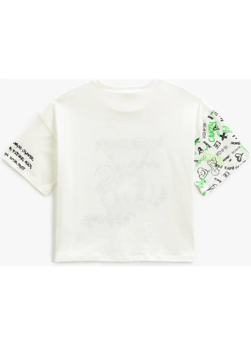 كوتون Crop Oversize T-Shirt Printed Short Sleeve Crew Neck