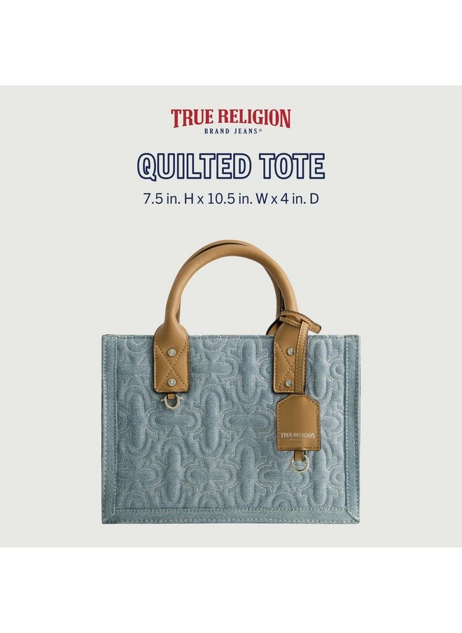 TRUE RELIGION - Women'S Tote Bag Quilted Horseshoe Denim Travel Shoulder Handbag With Adjustable Crossbody Strap Light Blue - Image 1