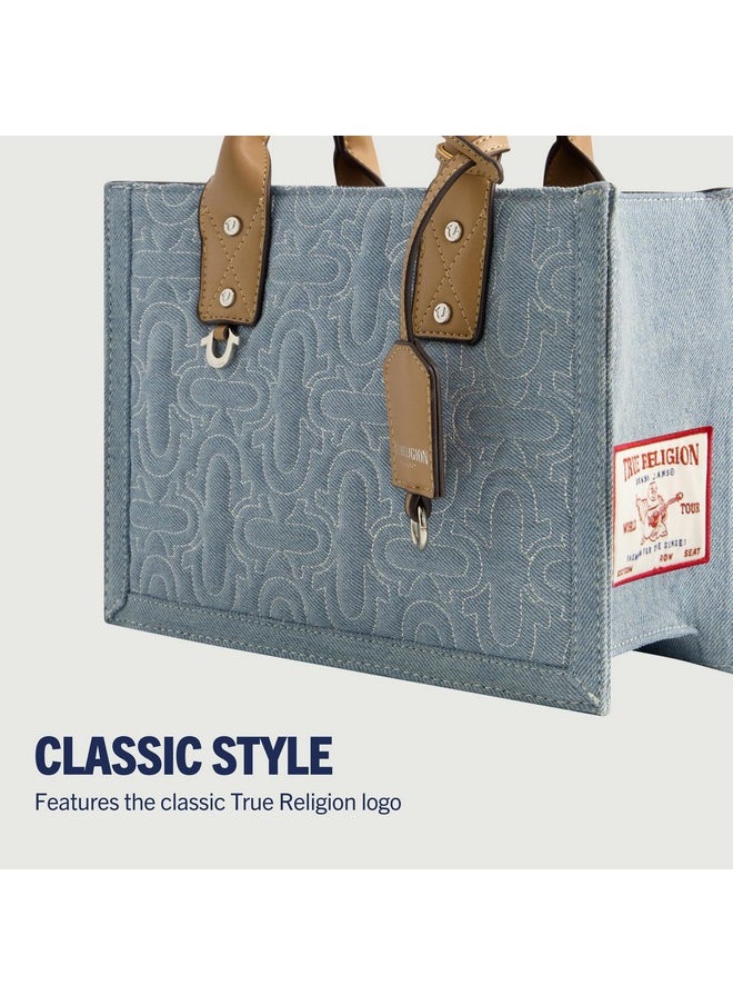 TRUE RELIGION - Women'S Tote Bag Quilted Horseshoe Denim Travel Shoulder Handbag With Adjustable Crossbody Strap Light Blue - Image 1