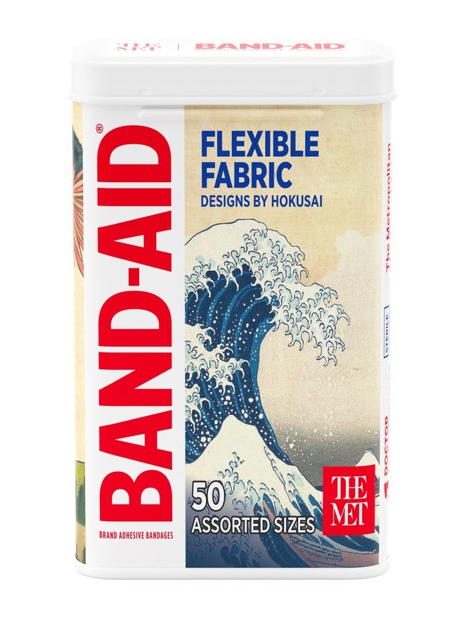 BAND-AID Brand Flexible Fabric Adhesive Bandages Featuring Designs by Katsushika Hokusai, Comfortable Sterile Protection & First Aid for Minor Wound Care, Collectible Metal Tin, Assorted Sizes, 50 Ct - Image 1