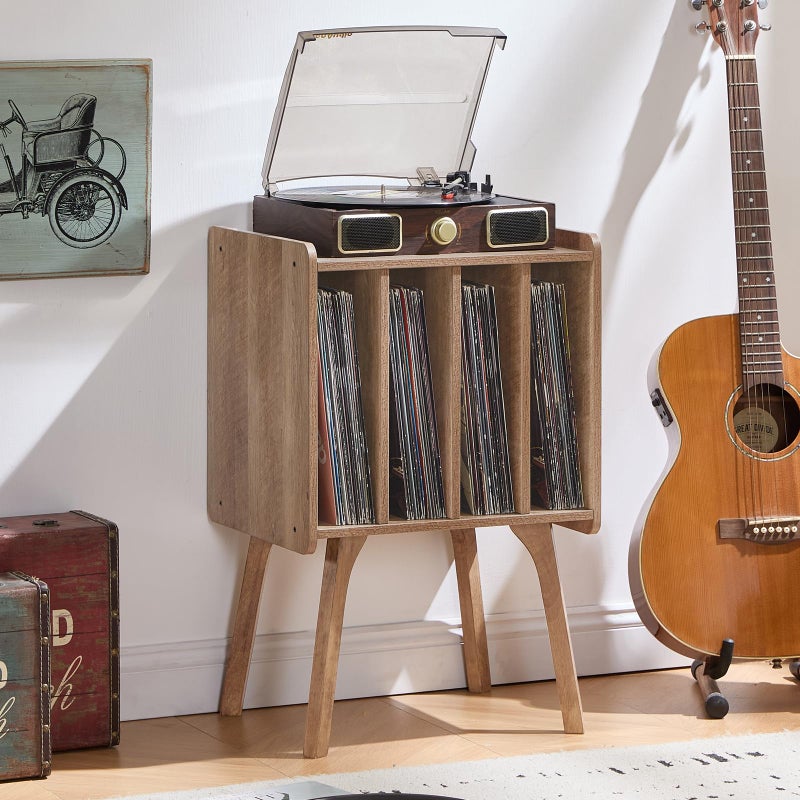 LELELINKY Record Player Stand,Vinyl Record Storage Table with 4 Cabinet Up to 100 Albums,Mid-Century Modern Turntable Stand with Wood Legs,Oak Grey Vinyl Holder Display Shelf for Bedroom Living Room - Image 5