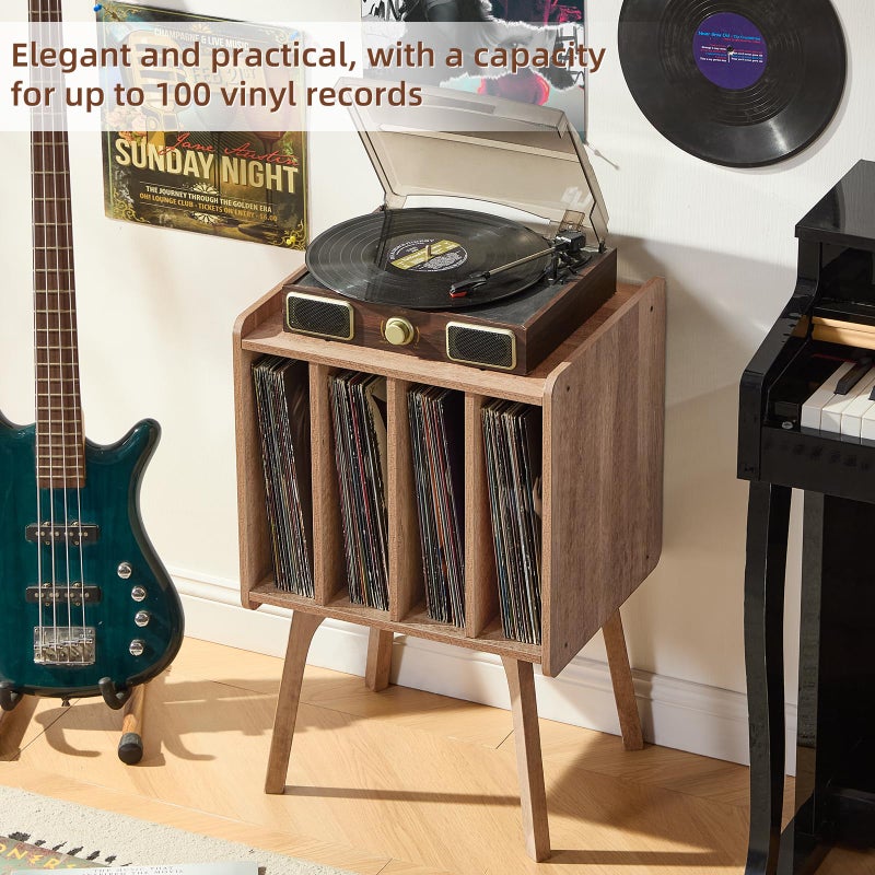 LELELINKY Record Player Stand,Vinyl Record Storage Table with 4 Cabinet Up to 100 Albums,Mid-Century Modern Turntable Stand with Wood Legs,Oak Grey Vinyl Holder Display Shelf for Bedroom Living Room - Image 4