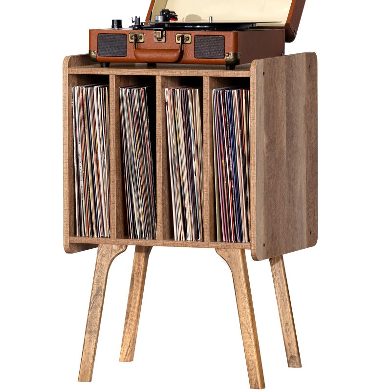 LELELINKY Record Player Stand,Vinyl Record Storage Table with 4 Cabinet Up to 100 Albums,Mid-Century Modern Turntable Stand with Wood Legs,Oak Grey Vinyl Holder Display Shelf for Bedroom Living Room - Image 1