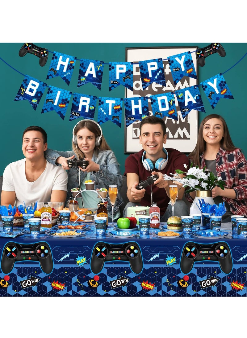KASTWAVE Gamepad Themed Birthday Decoration Set, Blue Video Game Birthday Party Decorations For Boys, Gamepad Theme Party Supplies with Banner, Balloons, Tablecloth Paper Plates Tableware, 24 Guests - Image 5