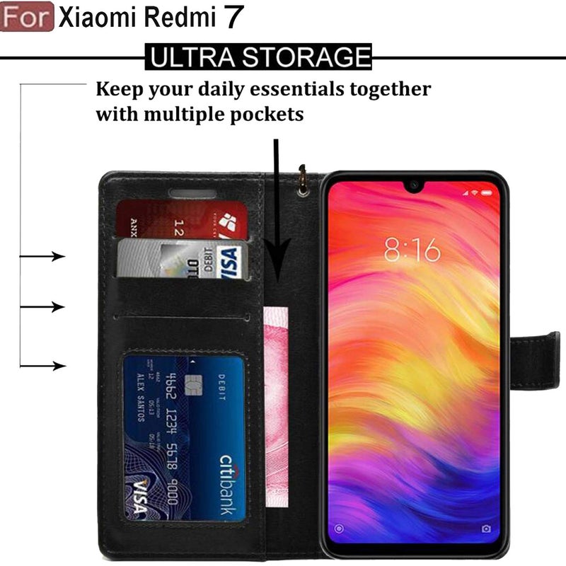 Cedo Redmi 7 (4G) Flip Cover | Leather Finish | Inside Pockets & Inbuilt Stand | Shockproof Wallet Style Magnetic Closure Back Case Flipcover (Black) - Image 1