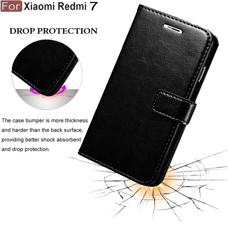Cedo Redmi 7 (4G) Flip Cover | Leather Finish | Inside Pockets & Inbuilt Stand | Shockproof Wallet Style Magnetic Closure Back Case Flipcover (Black) - Image 3