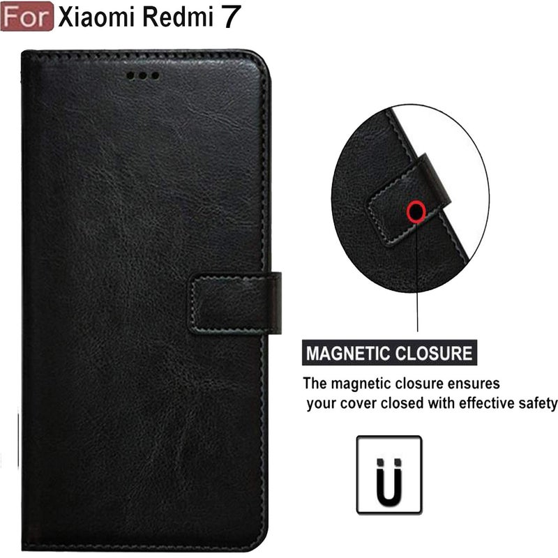 Cedo Redmi 7 (4G) Flip Cover | Leather Finish | Inside Pockets & Inbuilt Stand | Shockproof Wallet Style Magnetic Closure Back Case Flipcover (Black) - Image 4