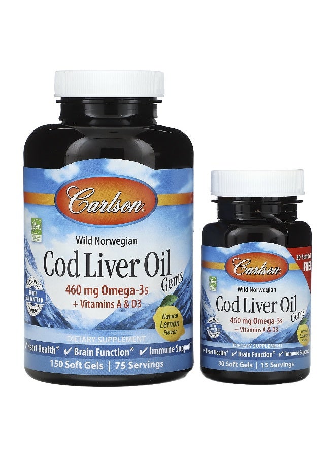 Carlson Carlson, Wild Norwegian, Cod Liver Oil Gems, Lemon, 150 + 30 Soft Gels  - Image 1