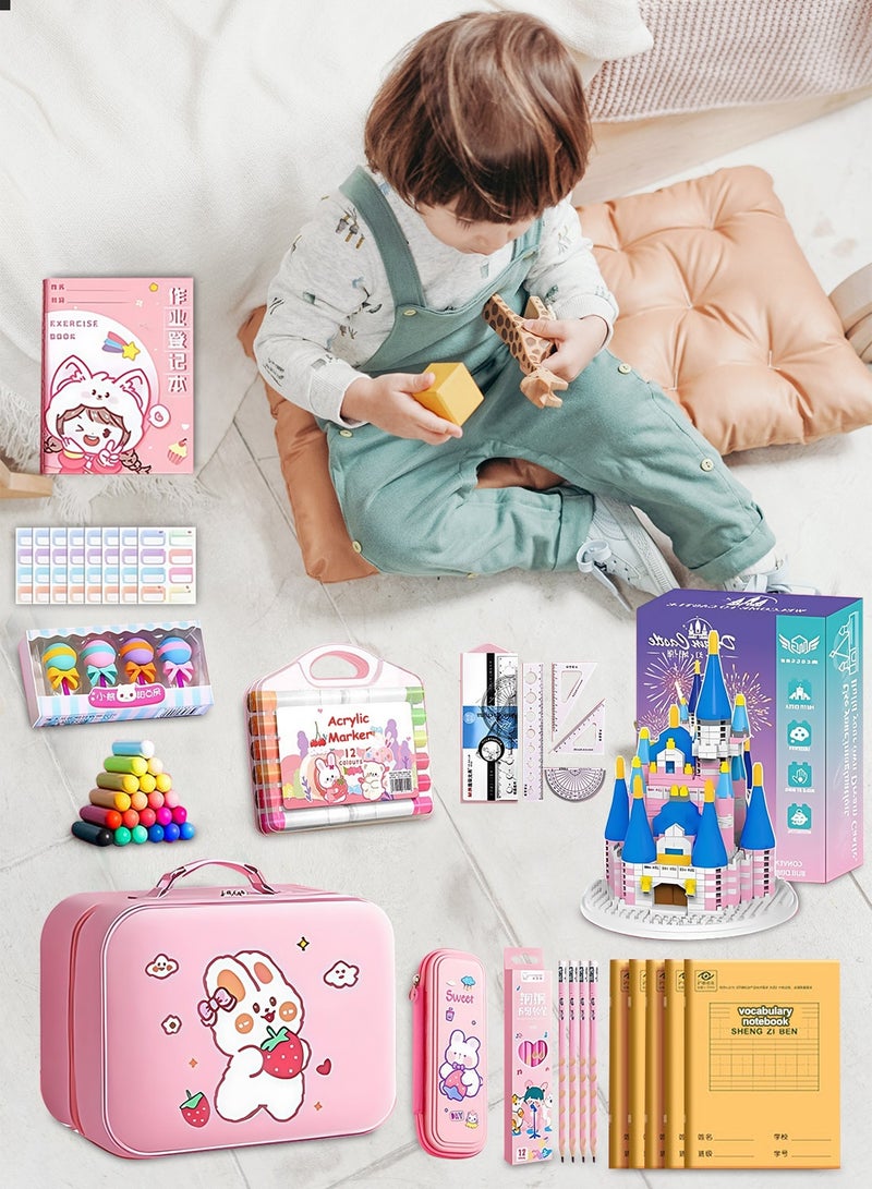 Kidle Back to School Gift Set for Students - 52 Pcs Premium Stationery Kit with Pink Suitcase, Castle Blocks, 12 Acrylic Markers, 5 Notebooks, Pencils, Clay & More - Image 4