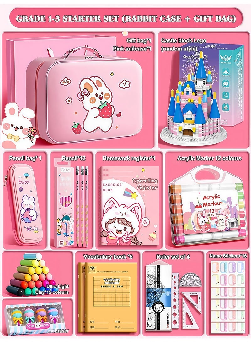 Kidle Back to School Gift Set for Students - 52 Pcs Premium Stationery Kit with Pink Suitcase, Castle Blocks, 12 Acrylic Markers, 5 Notebooks, Pencils, Clay & More - Image 3
