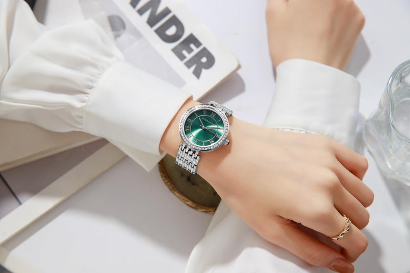 Giordano Eleganza Collection Watch for Women with Stainless Steel Strap and Crystal Embellished Bezel, Roman Numerals - Image 2