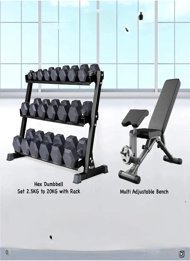 Miracle Fitness Miracle Fitness Hex Dumbbell Set Combo Offer/ 2.5KG to 20KG Set with Rack, Adjustable Bench  - Image 1