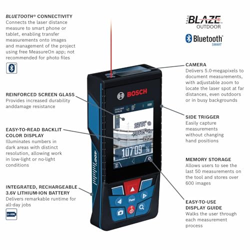 BOSCH GLM400CL 400 Ft Blaze Outdoor Connected Laser Measure, Includes 1.0 Ah 3.7V Lithium-Ion Battery & Charger, Micro USB Cable, Hand Strap, & Pouch - Image 2