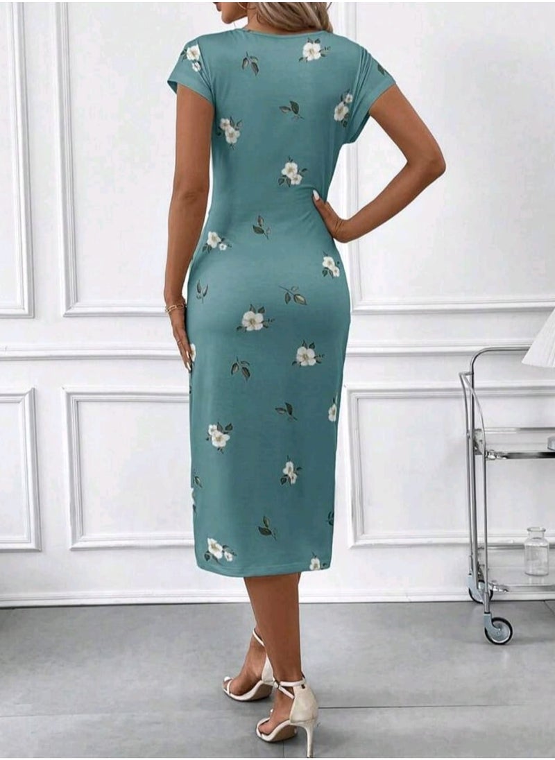 Shein - SHEIN Clasi Women's Twist Front Floral Print Slit Waist Midi Dress - Image 1