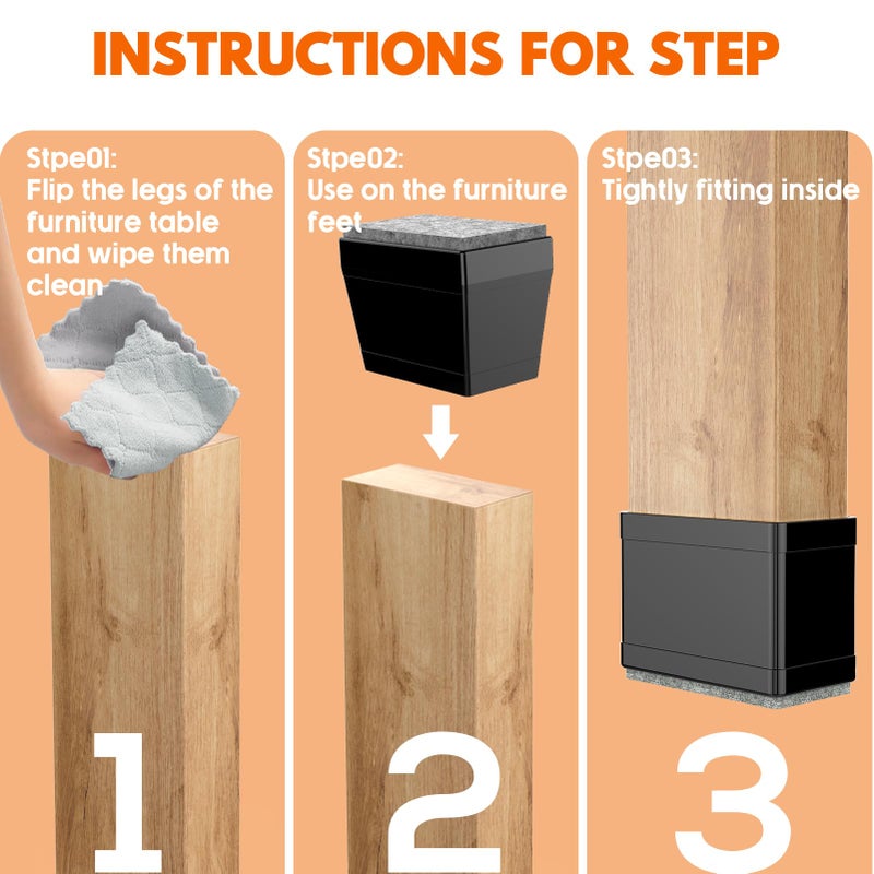 CHWM Rectangle Chair Leg Protectors for Hardwood Floors,16 PCS Silicone Covers to Protect Wood Tile Floors Felt Pads Furniture Leg Caps Reduce Noise. Easy to Move. (Black, 0.75 x 1 Inch,Rectangular) - Image 3