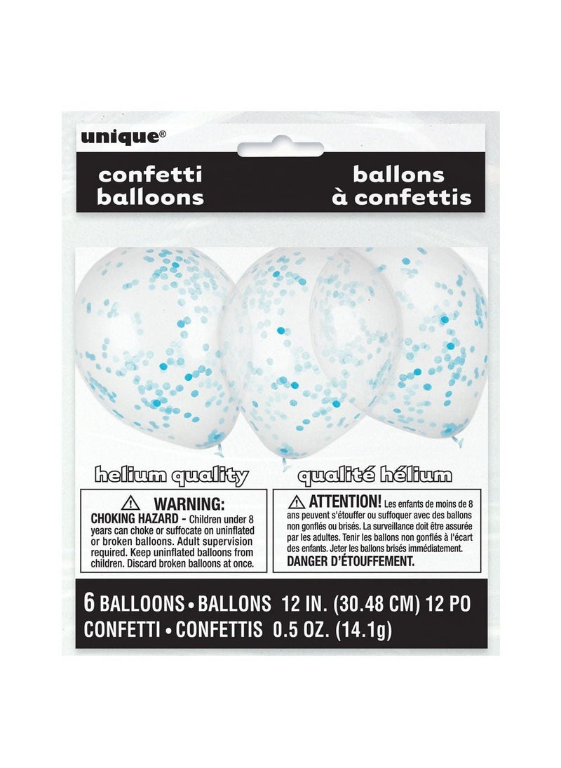 Unique Confetti Balloons Blue Transparent Latex 30 cm 6-Pack - Image 2