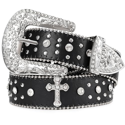 JASGOOD Rhinestone Studded Belt for Men Women, Western Leather Belt for Cowgirl Cowboy Vintage Bling Belt for Pants Dress - Image 1