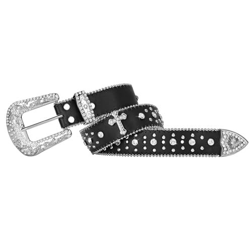 JASGOOD Rhinestone Studded Belt for Men Women, Western Leather Belt for Cowgirl Cowboy Vintage Bling Belt for Pants Dress - Image 2