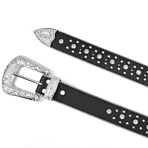 JASGOOD Rhinestone Studded Belt for Men Women, Western Leather Belt for Cowgirl Cowboy Vintage Bling Belt for Pants Dress - Image 3