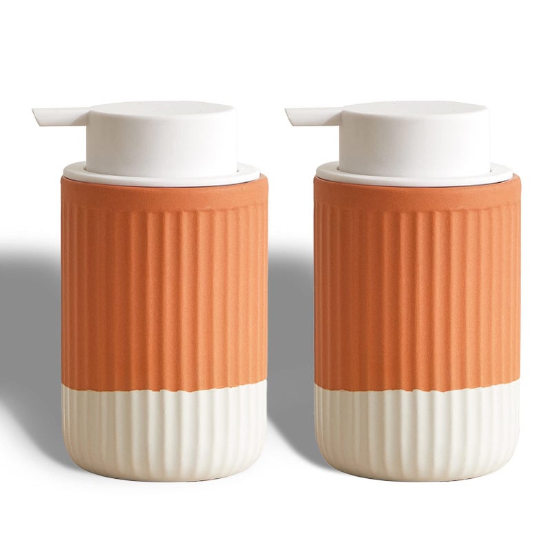 ABBI NIMO 2 Pack Hand Dipped Terracotta Ceramic Foam Soap Dispenser 12 oz Rippled BubbleUp Bottle with White Silicone Pump Refillable Orange Hand Soap Dispenser for Bathroom