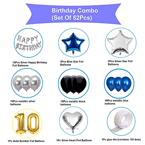 SHANAYA Happy Birthday Decorations For Girls Boys Husband Wife Combo Items Kit -52Pcs Set Happy Birthday Foil Balloons Silver Blue Black Metallic Balloons Star Heart Number 10 Foil Baloons Party Supplies - Image 2