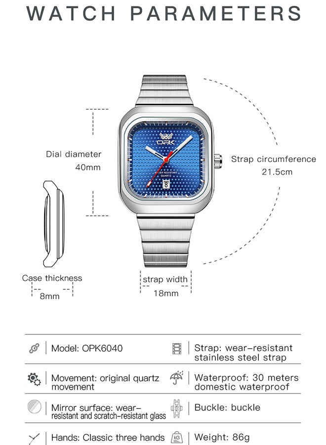 Opk Stylish Square Steel Strap Men'S Watch, Luminous And Waterproof, Single Calendar Quartz Watch, 6041 Steel Strap, Natural Blue. - Image 3