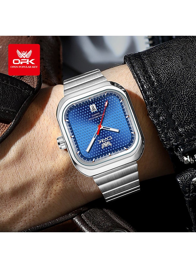 Opk Stylish Square Steel Strap Men'S Watch, Luminous And Waterproof, Single Calendar Quartz Watch, 6041 Steel Strap, Natural Blue. - Image 1
