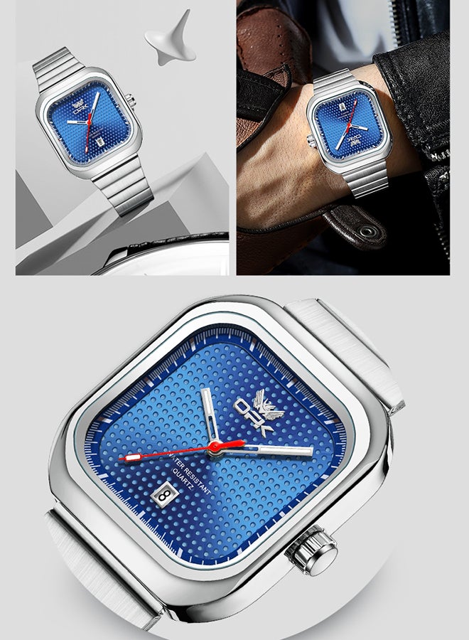 Opk Stylish Square Steel Strap Men'S Watch, Luminous And Waterproof, Single Calendar Quartz Watch, 6041 Steel Strap, Natural Blue. - Image 5