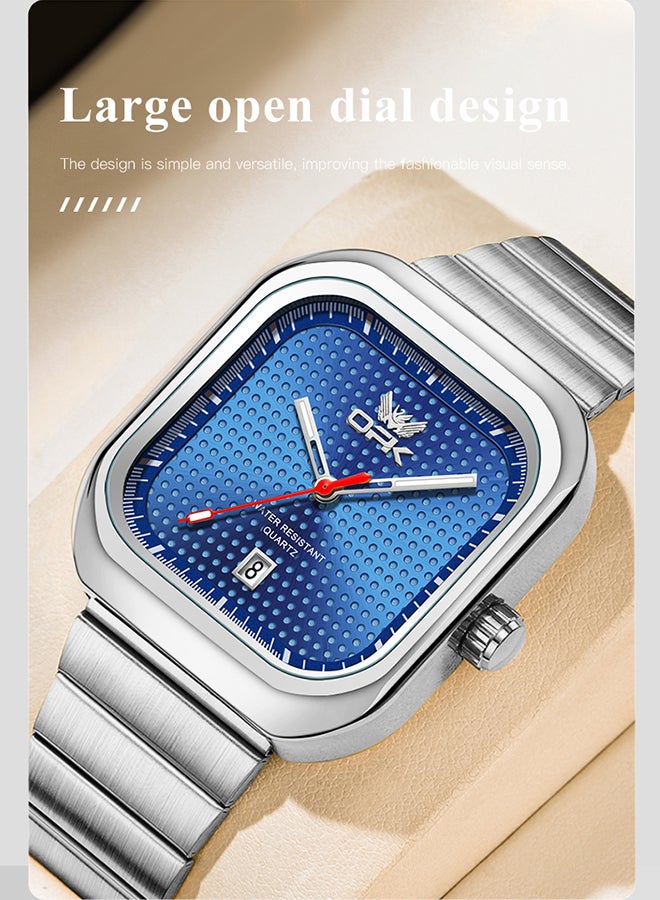 Opk Stylish Square Steel Strap Men'S Watch, Luminous And Waterproof, Single Calendar Quartz Watch, 6041 Steel Strap, Natural Blue. - Image 2