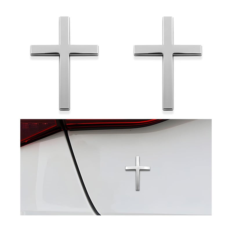 DXNQ 2PCS Metal Jesus Christ Cross Badge Stickers, 2.5"Ã—1.8" Alloy 3D Individual Car Cross Sticker, Self Adhesive Scratch Covering Metal Cross Auto Emblem Decal for Car Body Fender Tail (Silver) - Image 1