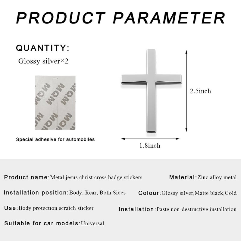 DXNQ 2PCS Metal Jesus Christ Cross Badge Stickers, 2.5"Ã—1.8" Alloy 3D Individual Car Cross Sticker, Self Adhesive Scratch Covering Metal Cross Auto Emblem Decal for Car Body Fender Tail (Silver) - Image 2