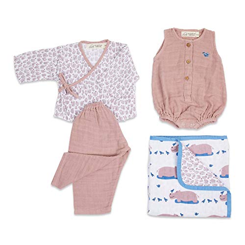 Masilo 100% Organic Cotton Muslin Snuggle Gift Set for New Born Boys and Girls-Baby Romper/Kimono Lounge Set/Stroller Blanket (70 x 70cm)-6-12 Months-Hippo - Image 2