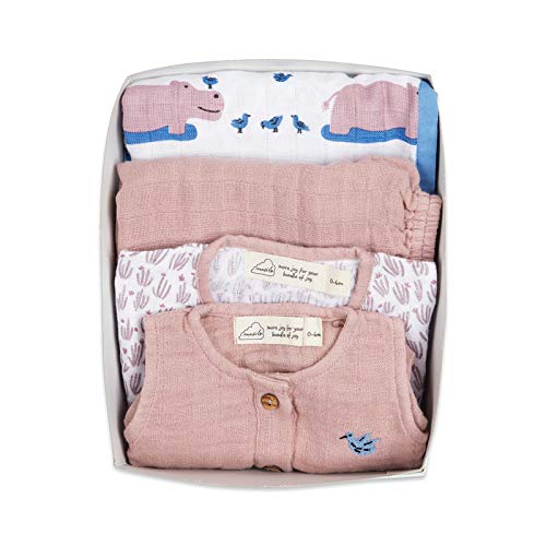 Masilo 100% Organic Cotton Muslin Snuggle Gift Set for New Born Boys and Girls-Baby Romper/Kimono Lounge Set/Stroller Blanket (70 x 70cm)-6-12 Months-Hippo - Image 1