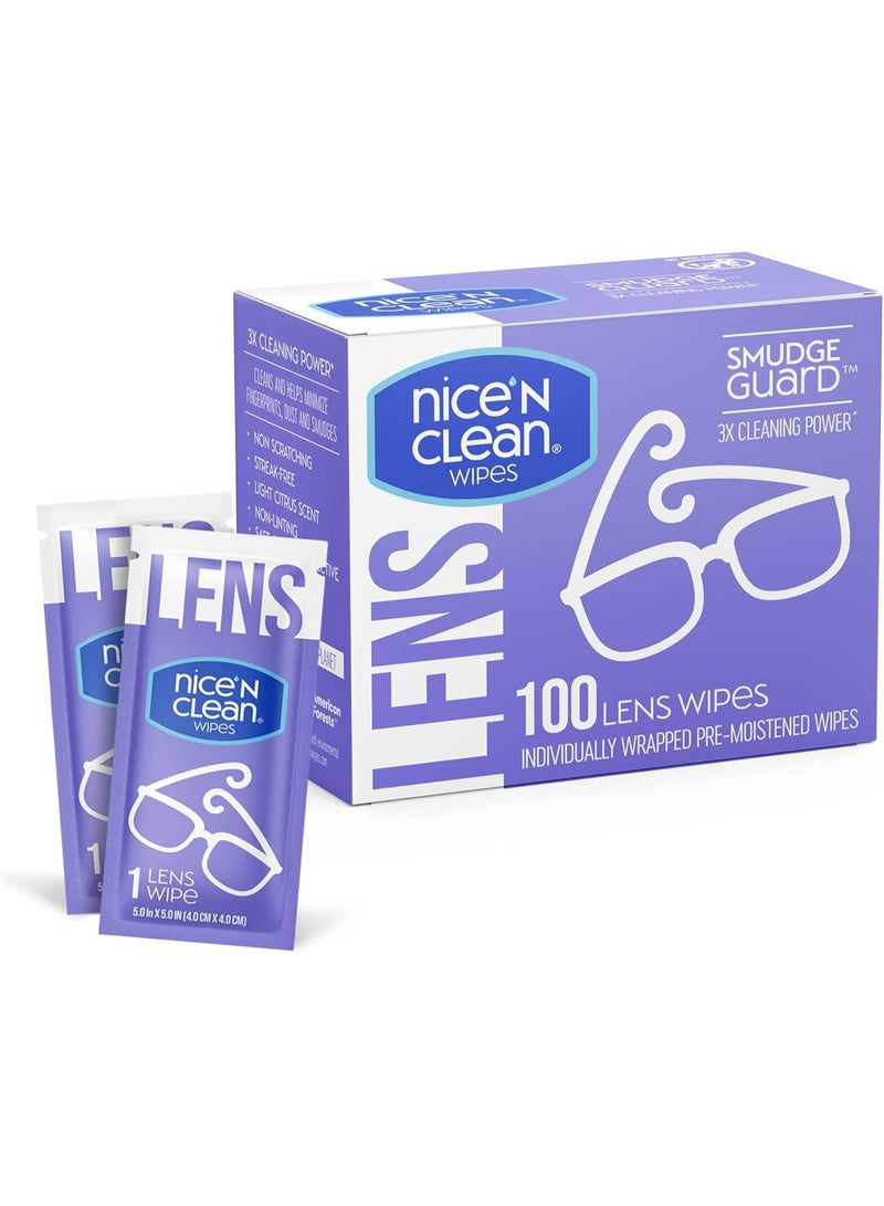 Nice 'n Clean SmudgeGuard Lens Cleaning Wipes (100 Total Wipes) | Pre-Moistened Individually Wrapped Wipes | Non-Scratching & Non-Streaking | Safe for Eyeglasses, Goggles, & Camera Lens
