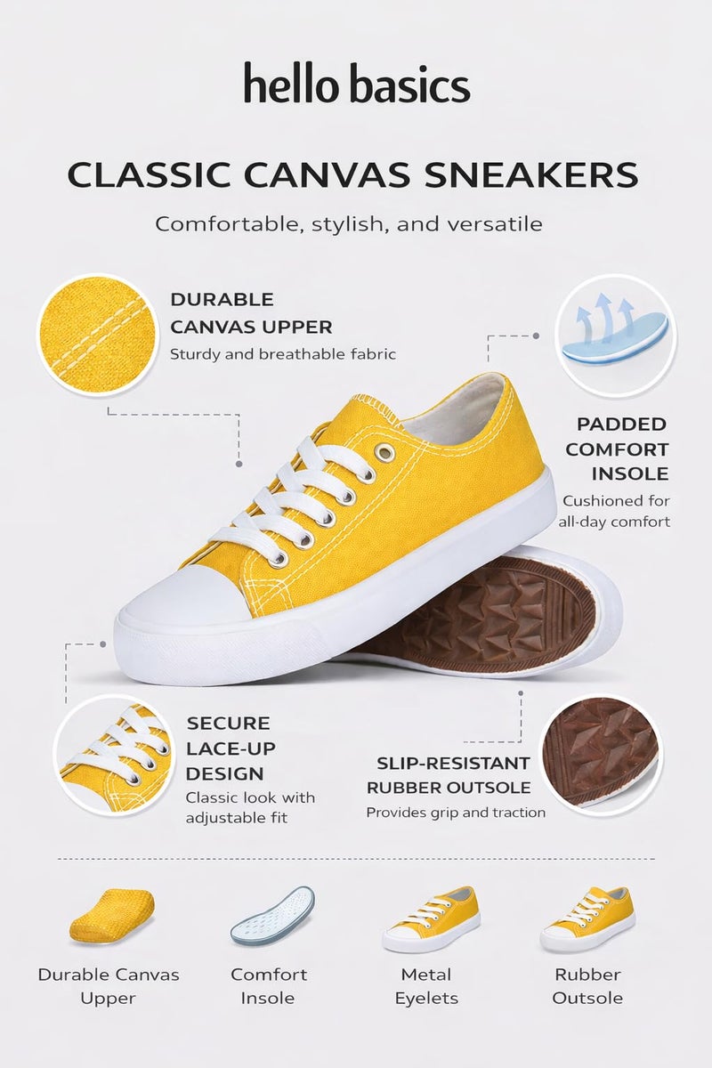hello basics Canvas Shoes for Women Casual Low Top Yellow Sneakers Fashion Womens Tennis Shoes, Yellow, Size 8 - Image 3