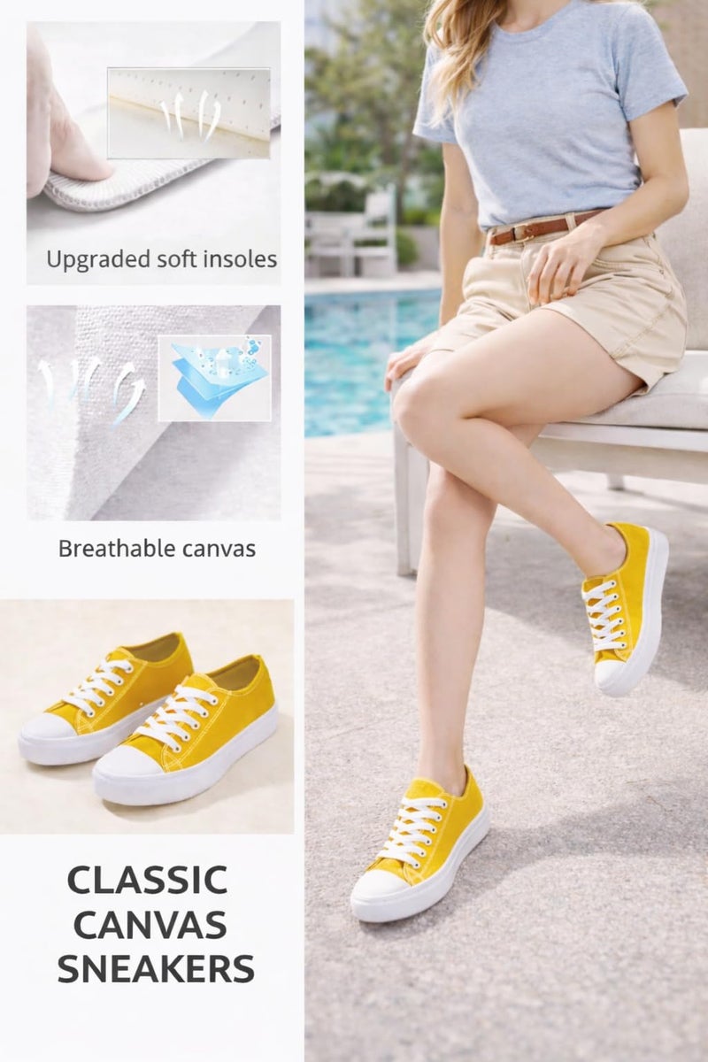 hello basics Canvas Shoes for Women Casual Low Top Yellow Sneakers Fashion Womens Tennis Shoes, Yellow, Size 8 - Image 5