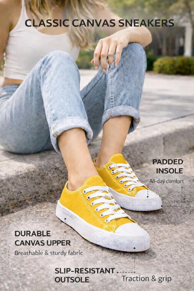 hello basics Canvas Shoes for Women Casual Low Top Yellow Sneakers Fashion Womens Tennis Shoes, Yellow, Size 8 - Image 4